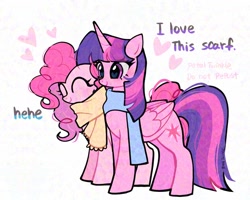 Size: 2048x1638 | Tagged: safe, artist:petaltwinkle, derpibooru import, pinkie pie, twilight sparkle, twilight sparkle (alicorn), alicorn, earth pony, pony, g4, ^^, adversarial noise, clothes, cute, diapinkes, duo, duo female, eyes closed, female, happy, heart, lesbian, mare, scarf, shipping, smiling, text, twiabetes, twinkie, wings