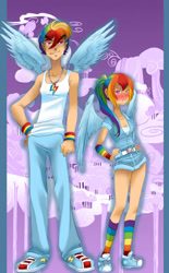 Size: 558x900 | Tagged: safe, artist:zoe-productions, derpibooru import, rainbow blitz, rainbow dash, human, pegasus, g4, 2012, blushing, cutie mark accessory, cutie mark necklace, female, half r63 shipping, humanized, jewelry, male, necklace, old art, outdoors, rule 63, self paradox, selfcest, ship:dashblitz, ship:dashdash, shipping, straight, winged humanization, wings