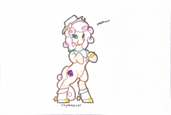 Size: 6930x4662 | Tagged: safe, artist:rhythmpixel, derpibooru import, oc, oc only, oc:quickdraw, earth pony, pony, belly, belly button, bipedal, boots, chest fluff, clothes, cowboy hat, curly hair, curly mane, cute, female, freckles, gift art, handkerchief, harmonycon, hat, hoof ring, looking at you, mare, open mouth, scarf, shoes, sketch, smiling, solo, spurs, traditional art, yeehaw