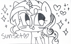 Size: 7514x4636 | Tagged: artist needed, safe, artist:orkid, derpibooru import, sunset shimmer, oc, g4, chibi, commissioner:dhs, cute, harmonycon, hat, lineart, looking at you, name, scan, sparkles, text, traditional art