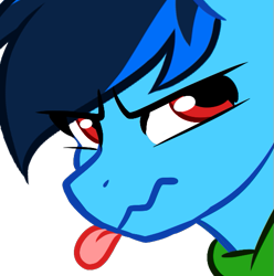 Size: 537x541 | Tagged: safe, artist:mxiiisy, derpibooru import, oc, oc only, oc:cobalt chaser, pegasus, pony, :p, angry, blue coat, blue mane, clothes, digital art, emotes, hoodie, jacket, looking back, male, pegasus oc, red eyes, simple background, solo, sweater, tongue, tongue out, transparent background