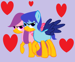 Size: 1280x1064 | Tagged: safe, artist:powergirlcrossover, derpibooru import, bird, pegasus, pony, g4, base used, closed mouth, duo, female, heart, lavender background, looney tunes, male, mare, merrie melodies, miley runner, ponified, raised hoof, raised leg, road runner, roadrunner, roadrunner pony, rule 85, simple background, smiling, species swap, stallion