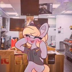 Size: 1920x1920 | Tagged: safe, artist:sodapop sprays, derpibooru import, part of a series, part of a set, derpy hooves, pegasus, pony, semi-anthro, series:derpy can't catch a break, g4, clothes, indoors, mcdonald's, solo, this will end in death