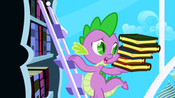 Size: 1920x1080 | Tagged: safe, derpibooru import, screencap, spike, dragon, friendship is magic, g4, book, bookshelf, ladder, male, my little pony: friendship is magic, solo, twilight's canterlot home, window