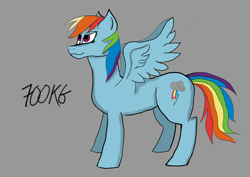 Size: 7016x4960 | Tagged: safe, artist:700kgbenchpress, derpibooru import, rainbow dash, pegasus, pony, g4, female, gray background, mare, simple background, solo, spread wings, wings