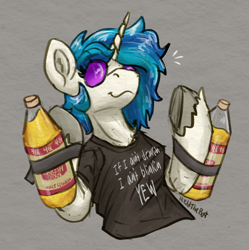 Size: 1186x1192 | Tagged: safe, artist:reddthebat, derpibooru import, dj pon-3, vinyl scratch, pony, unicorn, g4, alcohol, bottle, clothes, drink, emanata, female, horn, mare, shirt, signature, solo, t-shirt, tape, unshorn fetlocks