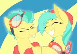 Size: 7020x4937 | Tagged: safe, artist:feather_bloom, derpibooru import, barley barrel, pickle barrel, pegasus, pony, g4, beanie, clothes, commission, duo, goggles, goggles around neck, goggles on head, hat, hoodie, hoofbump, scrunchy face, siblings, smiling, twins, wonderbolts