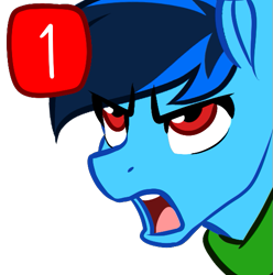 Size: 537x541 | Tagged: safe, artist:mxiiisy, derpibooru import, oc, oc only, oc:cobalt chaser, pegasus, pony, angry, annoyed, blue coat, blue mane, clothes, digital art, emotes, hoodie, jacket, male, notification, pegasus oc, red eyes, simple background, solo, sweater, transparent background