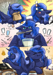 Size: 2480x3508 | Tagged: safe, artist:sinrinf, derpibooru import, princess luna, alicorn, g4, balancing, batter, blueberry, bowl, comic, commission, cooking, egg (food), egg beater, flour, food, frying pan, indoors, jam, milk, milk carton, mixing bowl, pancakes, ponies balancing stuff on their nose, sketch, solo, spoon, ych example, your character here