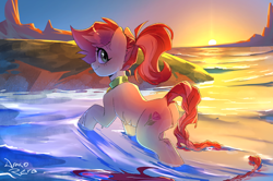 Size: 3090x2048 | Tagged: safe, artist:draco zero, derpibooru import, roseluck, earth pony, pony, g4, alternate hairstyle, braid, braided tail, collar, commission, commissioner:doom9454, cute, outdoors, pet tag, pony pet, ponytail, rosepet, signature, solo, tail, walking, water, wet, wet tail