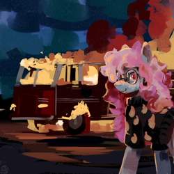 Size: 1440x1440 | Tagged: safe, artist:krapinkaius, derpibooru import, oc, oc only, oc:krista pebble, earth pony, pony, black clothes, black t-shirt, clothes, curly hair, curly mane, earth pony oc, female, female oc, fire, fire engine, glasses, gray coat, looking at you, mare, mare oc, outdoors, pink mane, solo, wavy mouth