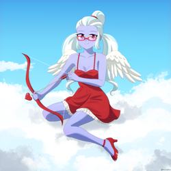 Size: 1225x1225 | Tagged: safe, artist:riouku, derpibooru import, sugarcoat, angel, equestria girls, g4, arrow, bare shoulders, bow (weapon), bow and arrow, breasts, clothes, cloud, cupid, cute, dress, female, glasses, high heels, holiday, legs, reasonably sized breasts, shoes, sky, sleeveless, solo, sugarcute, valentine's day, valentine's day 2025, weapon, wings