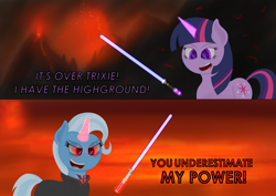 Size: 3508x2480 | Tagged: safe, artist:samenandsam, derpibooru import, trixie, twilight sparkle, unicorn twilight, pony, unicorn, g4, magic duel, alicorn amulet, anakin skywalker, angry, clothes, coat, crossover, dialogue, duo, duo female, energy weapon, english, female, high res, horn, jedi, jewelry, lightsaber, magic, mare, meme, my little pony: friendship is magic, obi wan kenobi, open mouth, ponified, ponified meme, red eyes, star wars, star wars: revenge of the sith, teary eyes, teeth, telekinesis, volcano, weapon