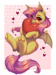 Size: 1535x2048 | Tagged: safe, artist:alphadesu, derpibooru import, fluttershy, bat pony, pony, g4, bat ponified, cute, ear fluff, ears, female, floating heart, flutterbat, frog (hoof), heart, heart background, hip fluff, hock fluff, hoofbutt, looking at you, mare, passepartout, race swap, shyabates, shyabetes, solo, spread wings, underhoof, wings, ych example, your character here