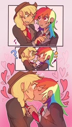 Size: 720x1280 | Tagged: safe, artist:ssuminv, derpibooru import, applejack, rainbow dash, human, g4, appledash, blazer, blushing, clothes, cute, dashabetes, duo, duo female, ear piercing, earring, exclamation point, eyes closed, female, flustered, freckles, french kiss, heart, holiday, humanized, jackabetes, jewelry, kissing, lesbian, nail polish, necktie, open mouth, parent:applejack, piercing, question mark, shipping, shirt, valentine's day