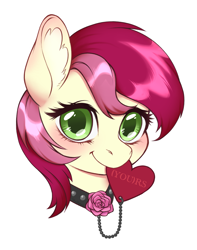 Size: 1747x2212 | Tagged: safe, artist:taytinabelle, derpibooru import, roseluck, earth pony, pony, g4, (you), bust, collar, cute, cutie mark accessory, ear fluff, ears, female, flower, happy, heart, hearts and hooves day, holiday, looking at you, mare, mouth hold, rose, simple background, smiling, solo, valentine's day, valentine's day 2025, white background