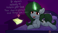 Size: 1920x1080 | Tagged: safe, artist:darbedarmoc, derpibooru import, oc, oc only, oc:minerva, pony, unicorn, bed, cheese, dialogue, fangs, food, green mane, happy valentines day, horn, looking at you, lying down, magic, prone, red eyes, solo, telekinesis