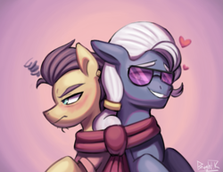 Size: 1285x991 | Tagged: safe, artist:bkiltersot, derpibooru import, hoity toity, street rat, earth pony, pony, g4, clothes, cunning couture, duo, duo male, frown, gay, glasses, male, scarf, shared clothing, shared scarf, shipping, smiling