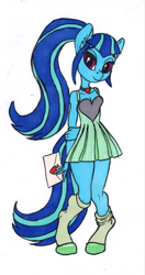 Size: 632x1200 | Tagged: safe, artist:sepiakeys, derpibooru import, sonata dusk, anthro, unguligrade anthro, g4, clothes, dress, holiday, letter, simple background, solo, traditional art, valentine's day, valentine's day 2025, white background