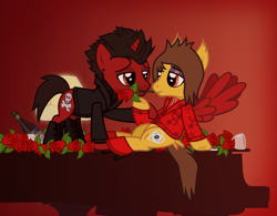 Size: 2487x1937 | Tagged: safe, artist:lightningbolt, derpibooru exclusive, derpibooru import, pegasus, pony, unicorn, .svg available, alex gaskarth, all time low, boots, bottle, butt fluff, cheek fluff, cigarette, clothes, crossdressing, duo, duo male, dyed wings, ear fluff, ear piercing, ears, eyeliner, eyeshadow, facial hair, flower, flower in mouth, gay, glass, high heels, holding hooves, holiday, hoof hold, horn, jack barakat, lamp, lidded eyes, looking at each other, looking at someone, makeup, male, mouth hold, musical instrument, piano, piercing, ponified, rose, rose in mouth, shipping, shirt, shoes, show accurate, sitting, smiling, species swap, spread wings, stallion, suit jacket, svg, tail, tail feathers, tattoo, undershirt, valentine's day, valentine's day 2025, vector, wine bottle, wine glass, wing fluff, wings