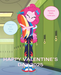 Size: 2016x2475 | Tagged: safe, derpibooru import, pinkie pie, rainbow dash, human, better together, equestria girls, g4, canterlot high, duo, duo female, female, holiday, hug, lesbian, lockers, pinkiedash, shipping, valentine's day