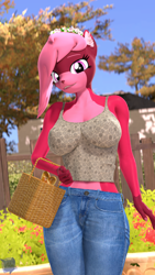 Size: 2160x3840 | Tagged: safe, artist:antonsfms, derpibooru import, oc, oc:rosaline the deer, anthro, deer, 3d, anthro oc, basket, belly, belly button, blue jeans, bread, clothes, day, deer oc, eyelashes, female, fit, floral head wreath, flower, food, looking at you, makeup, nail polish, nails, non-pony oc, outdoors, slender, smiling, smiling at you, solo, source filmmaker, tanktop, thin, tree