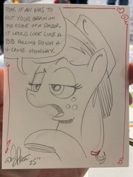 Size: 1536x2048 | Tagged: safe, artist:andypriceart, derpibooru import, applejack, earth pony, pony, g4, applejack's hat, clothes, countryisms, cowboy hat, female, freckles, hat, insult, mare, solo, speech bubble, traditional art