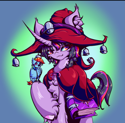 Size: 2787x2730 | Tagged: safe, artist:umbrapone, derpibooru import, rainbow dash, twilight sparkle, unicorn twilight, bird, owl, pegasus, unicorn, fanfic:a witch in broad daylight, g4, :/, :3, bell, belt, book, chest fluff, cloak, clothes, duo, ear fluff, ears, familiar, gradient background, hat, hooves, horn, implied transformation, post-transformation, spellbook, transformation, unshorn fetlocks, witch, witch hat