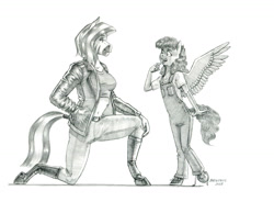 Size: 1500x1101 | Tagged: safe, artist:baron engel, derpibooru import, oc, oc only, oc:two tone, anthro, pegasus, unguligrade anthro, zebra, belly, belly button, belt, belt buckle, child, clothes, female, hoof boots, jacket, leather, leather jacket, looking at each other, looking at someone, midriff, monochrome, open mouth, open smile, overalls, pencil drawing, simple background, smiling, smiling at each other, story included, tail, tail wrap, traditional art, white background