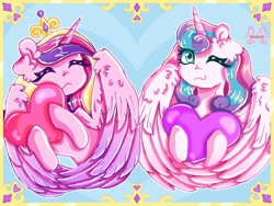 Size: 1024x768 | Tagged: safe, artist:niveria25, derpibooru import, princess cadance, princess flurry heart, alicorn, pony, g4, adult flurry heart, duo, duo female, eyes closed, female, heart, heart pillow, hearts and hooves day, holiday, hug, looking at you, mare, mother and child, mother and daughter, older, one eye closed, parent and child, pillow, pillow hug, valentine's day, valentine's day 2025, wink, winking at you