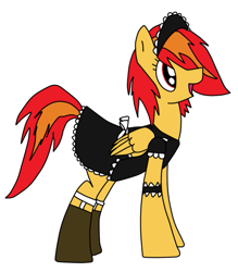 Size: 619x706 | Tagged: safe, derpibooru import, oc, oc only, oc:wildfire, pegasus, pony, clothes, folded wings, futa oc, garters, implied futa, intersex, maid, maid headdress, not spitfire, pegasus oc, simple background, socks, solo, stockings, thigh highs, white background, wings