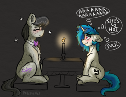 Size: 1313x1014 | Tagged: safe, artist:reddthebat, derpibooru import, dj pon-3, octavia melody, vinyl scratch, earth pony, pony, unicorn, g4, blushing, body freckles, candle, chest fluff, date, duo, duo female, eyes closed, female, freckles, hearts and hooves day, horn, lesbian, looking at each other, looking at someone, mare, missing accessory, no glasses, scratchtavia, shipping, smiling, smiling at each other, sparkles, thought bubble, unshorn fetlocks, vulgar, wavy mouth