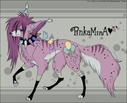 Size: 800x650 | Tagged: safe, artist:expectationemesis, derpibooru import, pinkie pie, oc, oc only, oc:pinkamina, dog, wolf, fanfic:cupcakes, g4, abstract background, choker, collar, confetti, dogified, ear tufts, feral, floating wings, full body, heart, horn, horn necklace, jewelry, long hair, necklace, pink fur, pinkamena diane pie, raised leg, scene hair, smiling, solo, sparkledog, species swap, spiked choker, spiky hair, stitched body, stitches, stripes, wings