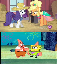 Size: 1024x1152 | Tagged: safe, derpibooru import, edit, edited screencap, screencap, applejack, rarity, earth pony, pony, unicorn, g4, season 4, simple ways, applejewel, big pink loser, comparison, female, hay bale, horn, hub logo, logo, mare, my little pony: friendship is magic, patrick star, rarihick, spongebob squarepants, spongebob squarepants (character), the hub