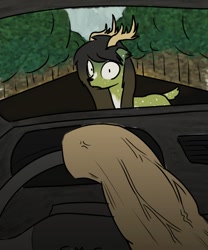 Size: 1000x1200 | Tagged: safe, artist:alexi148, derpibooru import, oc, oc only, oc:metal, deer, earth pony, antlers, car, driving, imminent death, meme, muscles, road, steering wheel, this will end in death, this will end in tears, this will end in tears and/or death, tree