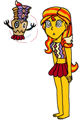 Size: 473x715 | Tagged: safe, artist:kingdom-of-rp, derpibooru import, sunset shimmer, human, equestria girls, g4, cordian, donkey kong (series), donkey kong country returns, duo, hypnosis, hypnotized, looking at each other, looking at someone, simple background, tiki, transparent background