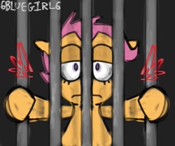 Size: 789x659 | Tagged: safe, artist:6bluegirl6, derpibooru import, scootaloo, pegasus, g4, digital art, pinpoint eyes, prison, signature, solo