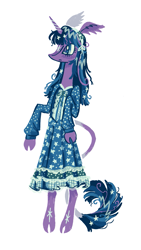 Size: 809x1438 | Tagged: safe, artist:peaceandlove26, derpibooru import, twilight sparkle, unicorn twilight, pony, semi-anthro, unicorn, g4, alternate color palette, alternate design, alternate eye color, alternate hairstyle, alternate mane color, alternate tail color, alternate tailstyle, bangs, bipedal, blue dress, blue eyes, blue mane, blue pupils, blue tail, clothes, cloven hooves, coat markings, colored pupils, dress, ear tufts, eyelashes, facial markings, frown, head turn, headband, horn, lanky, leg markings, leonine tail, lineless, long mane, long tail, multicolored mane, multicolored tail, profile, purple coat, raised hooves, shiny eyes, sidemouth, simple background, skinny, solo, standing, star (coat marking), star mark, stars, straight mane, straight tail, striped horn, tail, tall, thin, thin arms, thin legs, thin tail, unicorn horn, white background