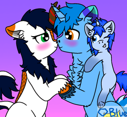 Size: 1640x1500 | Tagged: safe, artist:💎blue, derpibooru import, oc, oc only, oc:blue blanket, oc:blueshield, oc:whisper flare, kirin, pony, unicorn, blushing, chest fluff, clinging, couple, ears back, father and child, father and daughter, female, filly, foal, gradient background, heart, heart eyes, horn, looking at each other, looking at someone, male, mare, one eye closed, parent and child, stallion, unshorn fetlocks, wingding eyes, wink