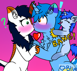 Size: 1640x1500 | Tagged: safe, artist:💎blue, derpibooru import, oc, oc only, oc:blue blanket, oc:blueshield, oc:whisper flare, kirin, pony, unicorn, blushing, chest fluff, clinging, couple, ears up, exclamation point, father and child, father and daughter, female, filly, foal, forced kiss, giggling, gradient background, heart, heart eyes, horn, kicking, kissing, looking at each other, looking at someone, male, mare, one eye closed, onomatopoeia, parent and child, question mark, shrunken pupils, stallion, surprised, unshorn fetlocks, wingding eyes, wink