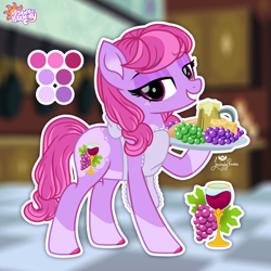 Size: 2000x2000 | Tagged: safe, artist:lovinglypromise, derpibooru import, berry punch, berryshine, pony, g4, alternate cutie mark, alternate design, alternate hairstyle, alternate tailstyle, alternate universe, apron, cheese, cider mug, clothes, eyebrows, eyebrows visible through hair, food, glass, grapes, mug, new dawn of harmony, redesign, shiny eyelids, solo, tail, wine glass