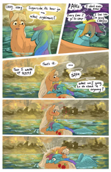 Size: 2003x3103 | Tagged: safe, artist:seventozen, derpibooru import, applejack, rainbow dash, pony, comic:the problem of parthus, g4, blushing, comic, water