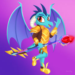 Size: 2500x2500 | Tagged: safe, artist:leonkay, derpibooru import, dragon lord ember, princess ember, dragon, armor, bloodstone scepter, gradient background, solo, staff