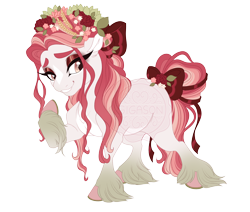 Size: 4600x3900 | Tagged: safe, artist:gigason, derpibooru import, oc, oc only, oc:ziva, earth pony, pony, adoptable, adult blank flank, blank flank, bow, brown eyes, coat markings, colored, colored hooves, colored pinnae, colored underhoof, ear fluff, ears, eye clipping through hair, eye markings, eyelashes, eyeshadow, facial markings, female, female oc, fetlock tuft, flat colors, floral head wreath, flower, flower in hair, flower in tail, gradient legs, grin, hair accessory, hair bow, hair ribbon, high res, hooves, horseshoes, leaves, leaves in hair, lidded eyes, long eyelashes, long mane, long tail, looking back, makeup, mane accessory, mare, mare oc, not roseluck, pale belly, pink eyes, pink hooves, pink mane, pink tail, ponytail, raised hoof, raised leg, red bow, red eyeshadow, ribbon, simple background, smiling, solo, standing, standing on three hooves, stripe (coat marking), tail, tail bow, tail bun, thick eyelashes, three quarter view, three toned mane, three toned tail, tied mane, tied tail, transparent background, unshorn fetlocks, wavy mane, wavy tail, white coat