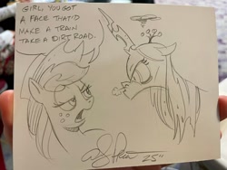 Size: 2048x1536 | Tagged: safe, artist:andypriceart, derpibooru import, applejack, queen chrysalis, changeling, changeling queen, earth pony, pony, g4, angry, applejerk, cowboy hat, emanata, female, freckles, hat, insult, mare, open mouth, rage, sketch, snorting, speech bubble, stetson, traditional art