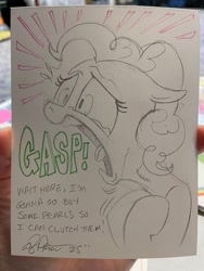 Size: 1536x2048 | Tagged: safe, artist:andypriceart, derpibooru import, pinkie pie, earth pony, pony, g4, dialogue, emanata, female, gasp, mare, open mouth, sketch, teary eyes, traditional art, volumetric mouth