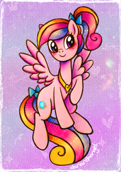 Size: 2186x3087 | Tagged: safe, artist:dariarchangel, derpibooru import, idw, princess cadance, pegasus, pony, g4, abstract background, adorable face, blushing, c:, cute, cute face, cute smile, cutedance, female, flying, heart, high ponytail, long tail, mare, my little pony: rise of cadance, passepartout, pegasus cadance, pegasus wings, peytral, pink coat, ponytail, purple eyes, raised hoof, raised leg, smiling, solo, spread wings, tail, teen princess cadance, three toned hair, three toned mane, three toned tail, traditional art, wings, young cadance