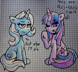 Size: 1479x1369 | Tagged: safe, artist:rosa ushiromiya, derpibooru import, trixie, twilight sparkle, pony, unicorn, g4, duo, duo female, egghead, female, horn, lesbian, looking at you, mare, math, shipping, sitting, text, traditional art, trixie is not amused, twixie, unamused