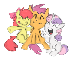 Size: 902x708 | Tagged: safe, artist:6bluegirl6, derpibooru import, apple bloom, scootaloo, sweetie belle, earth pony, pegasus, pony, unicorn, g4, :3, :d, :p, ^^, cutie mark crusaders, eyes closed, female, filly, foal, full body, horn, open mouth, open smile, simple background, sitting, smiling, tongue, tongue out, trio, trio female, white background