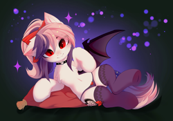 Size: 5113x3572 | Tagged: safe, artist:empress-twilight, derpibooru import, oc, oc only, oc:sweet velvet, bat pony, pony, bangs, bat pony oc, belly, belly button, black wings, bow, brown eyeshadow, cheek fluff, chest fluff, choker, clothes, colored pupils, colored wings, commission, cream coat, cute, cute little fangs, ear fluff, ears, eye clipping through hair, eyebrows, eyebrows visible through hair, eyelashes, eyeshadow, facing you, fangs, female, female oc, fluffy, gradient background, hair bow, heart choker, high res, horn, lidded eyes, looking at you, lying down, mare, mare oc, on side, one ear down, one wing out, panties, pillow, ponytail, red eyes, red pupils, shiny mane, shiny tail, shoulder fluff, smiling, smiling at you, socks, solo, sparkles, stockings, tail, thick eyelashes, thigh highs, thin, tied mane, two toned mane, two toned tail, two toned wings, underhoof, underwear, wings, ych result